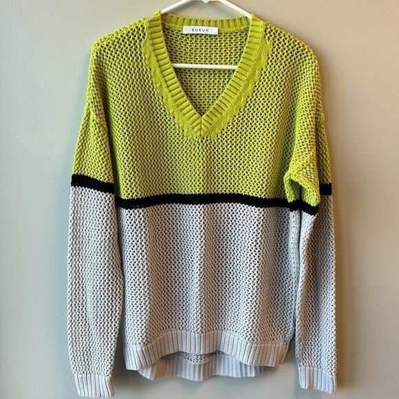 Kokun sweater green and grey medium cotton vneck - Picture 3 of 7